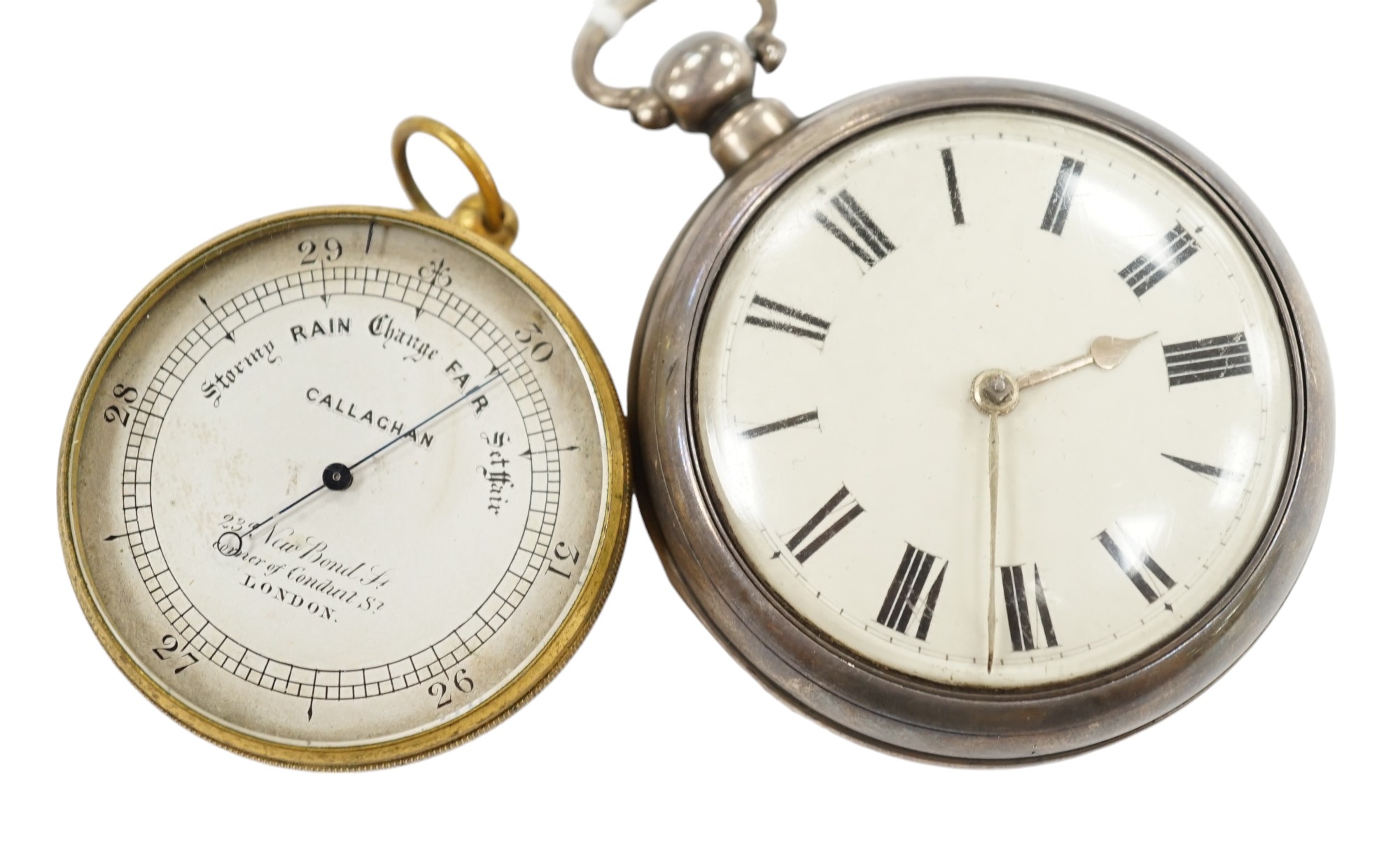 A Victorian silver pair cased keywind verge pocket watch, together with a Callaghan brass cased barometer in leather case. Condition - poor to fair